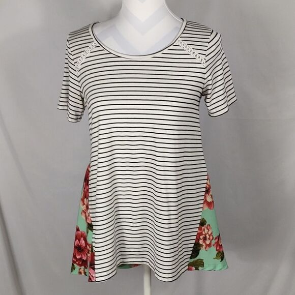 Grace & Emma Striped Floral Drop Back Tee - Picture 1 of 7